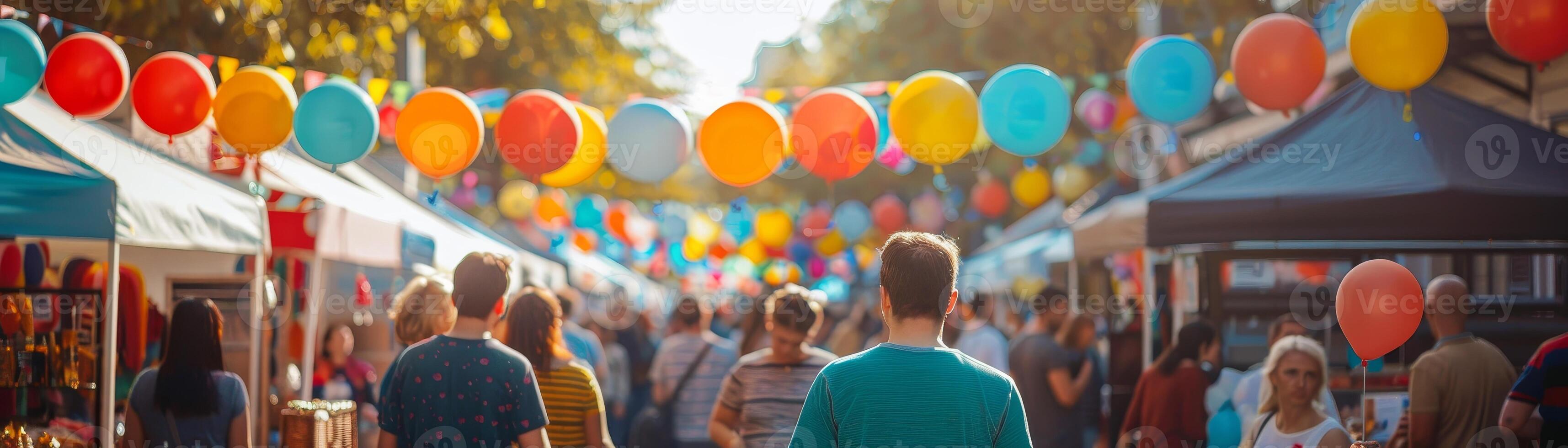 ai generato strada cibo e mercato durante Vittoria giorno, Comunità Festival, palloncini, bandiere, diverso, gioioso pubblico vacanza. foto