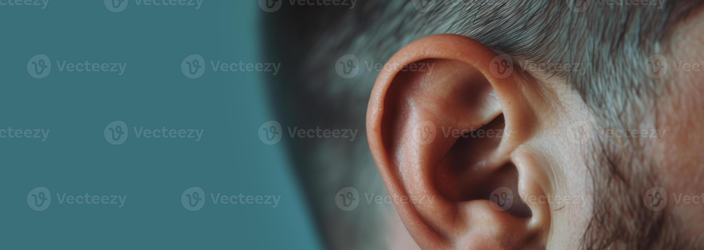 ai generato avvicinamento di un' dell'uomo orecchio. macro tiro di umano orecchio anatomia. foto