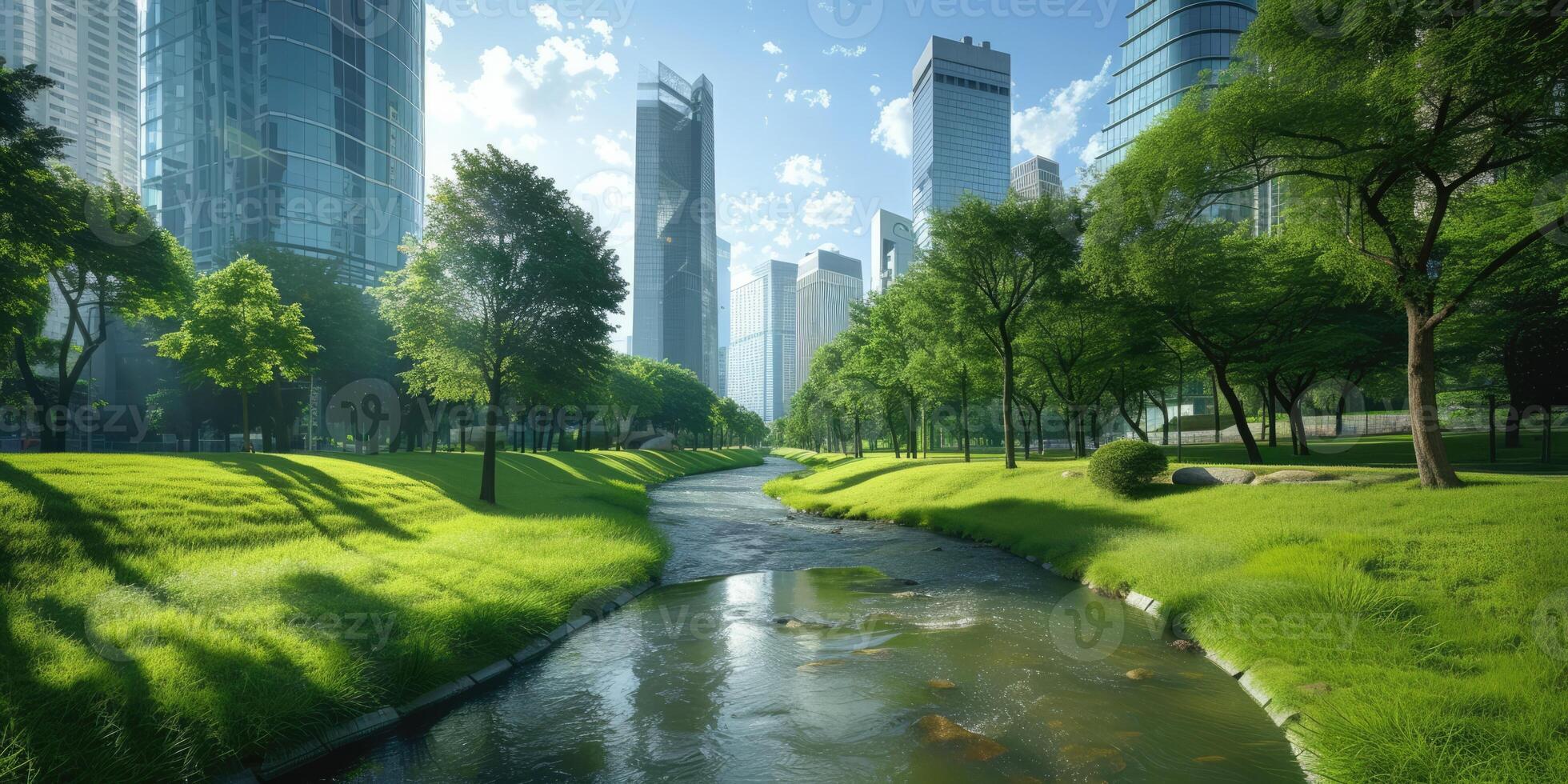 ai generato generativo ai, verde parco vicino grattacielo edifici, urbano paesaggio, verde spazi, sostenibile vita, ecologico, orizzonte foto