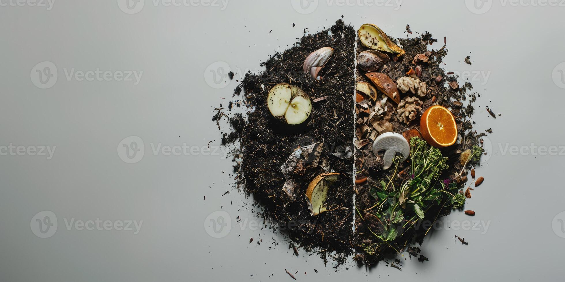 ai generato generativo ai, metà di cibo rifiuto concime e metà di suolo, ambientale sfondo, biodegradabile cucina sciupare, compostaggio biologico cibo foto