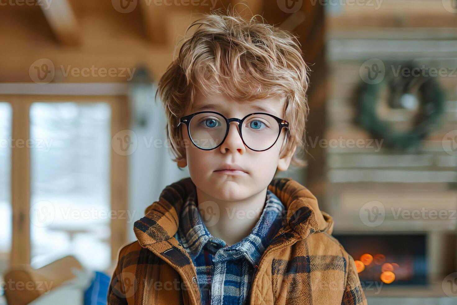 ai generato avvicinamento ritratto di un' piccolo inteligente grave ragazzo indossare occhiali. ai generato. foto
