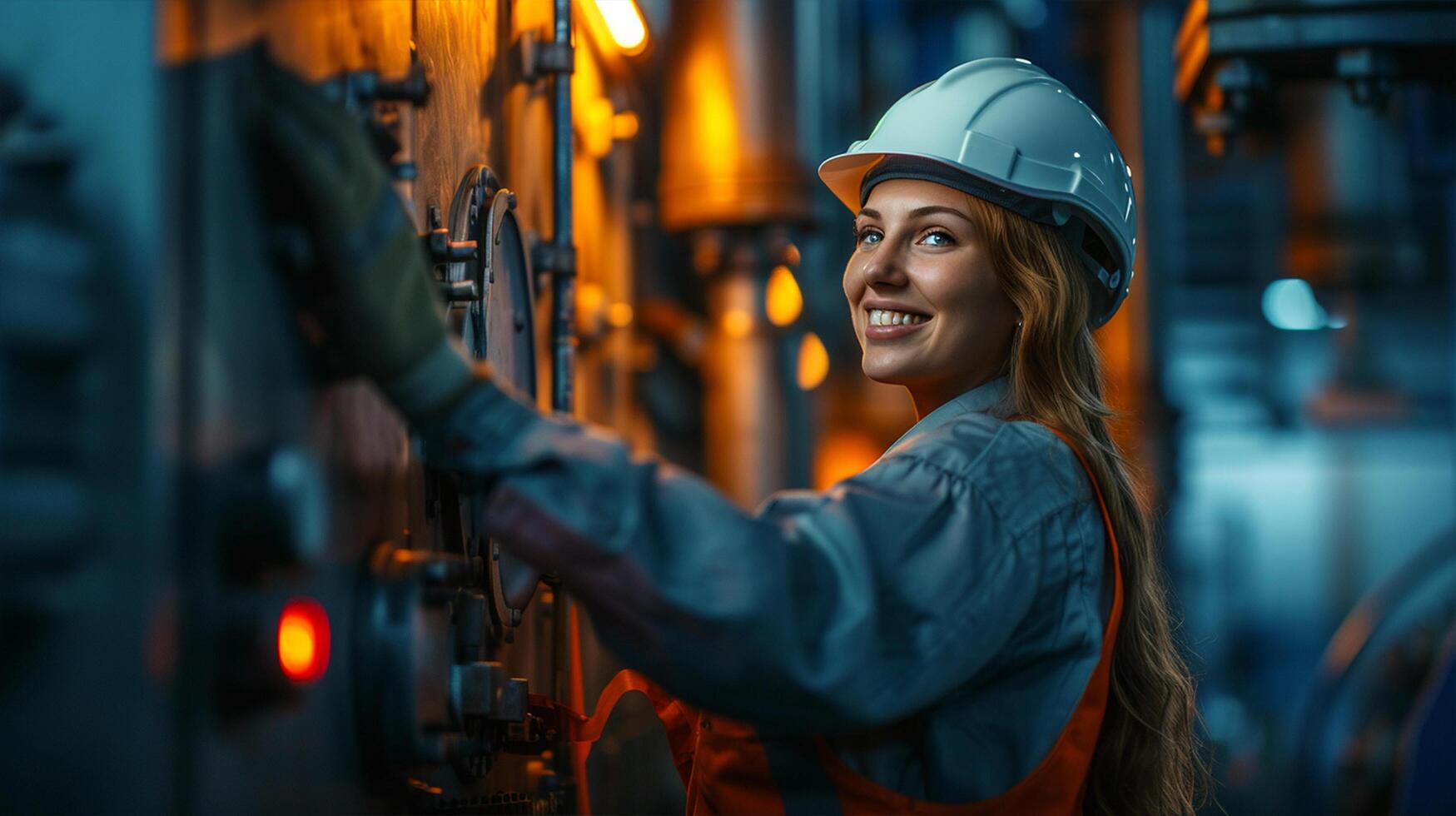 ai generato sorridente femmina lavoratore nel moderno industriale ambiente Lavorando foto