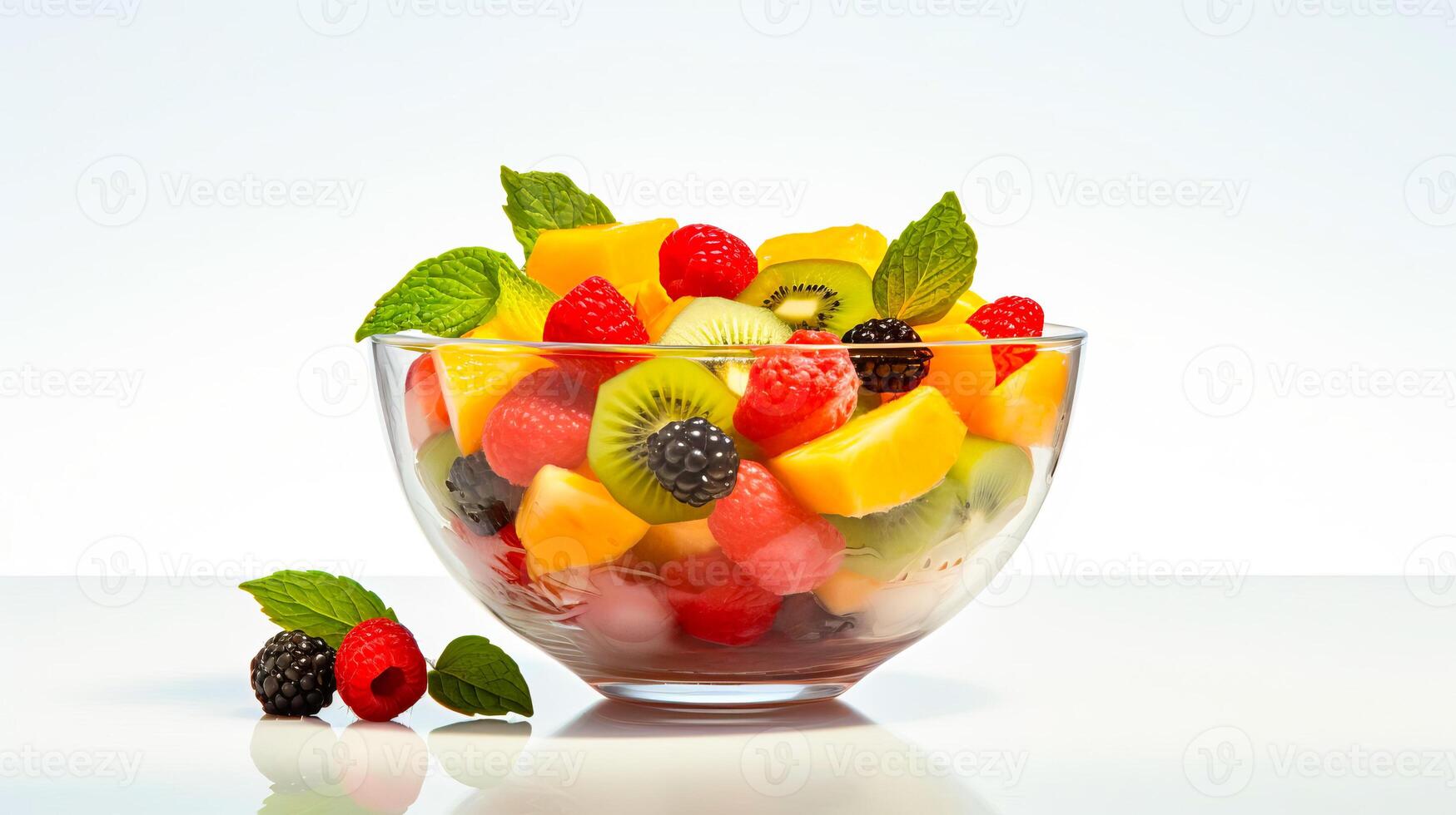 ai generato frutta insalata nel un' bicchiere ciotola su un' bianca sfondo. foto
