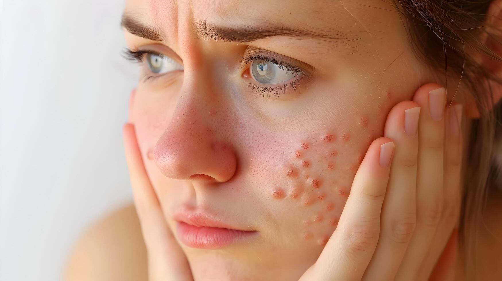 ai generato donna con invecchiamento pelle e acne nel puntinismo stile foto