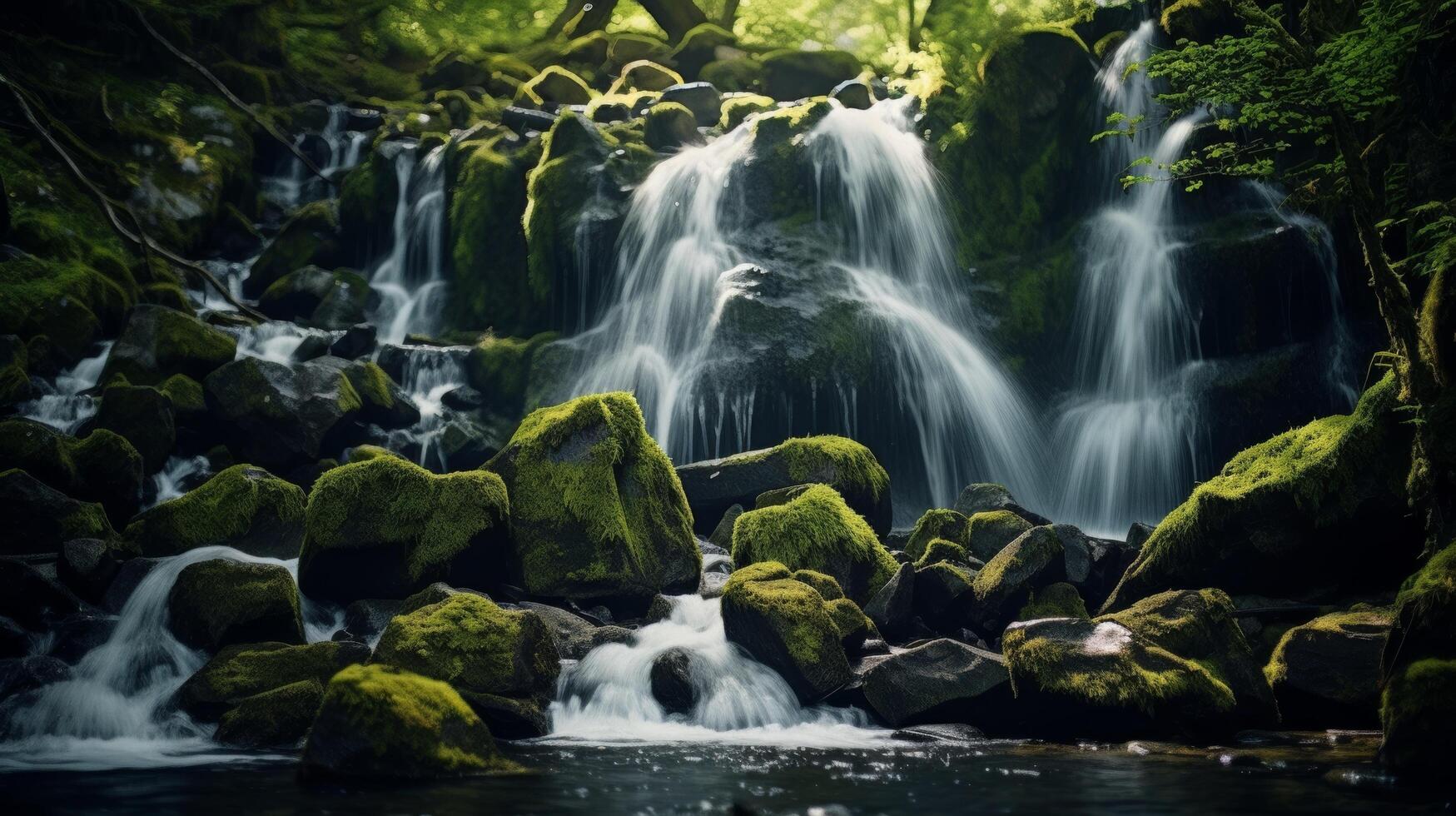 ai generato cascata a cascata al di sopra di muschioso massi nel un' foresta foto