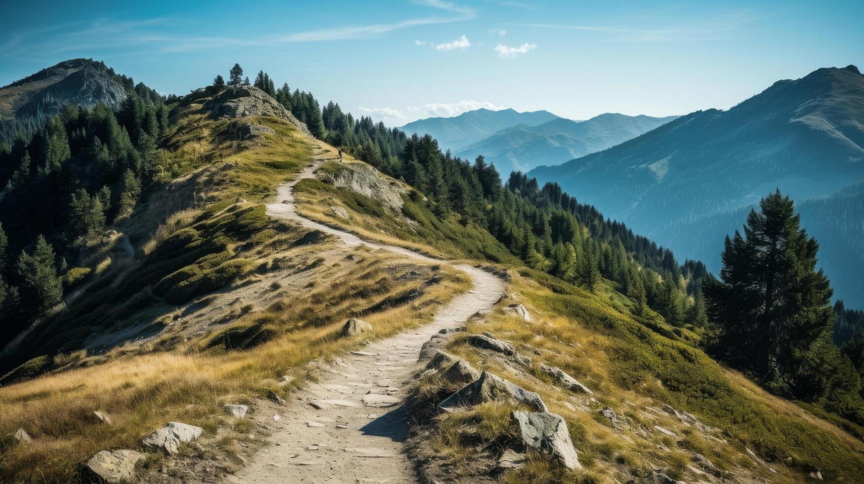 ai generato avvolgimento sentiero attraverso panoramico paesaggio nel il colline foto