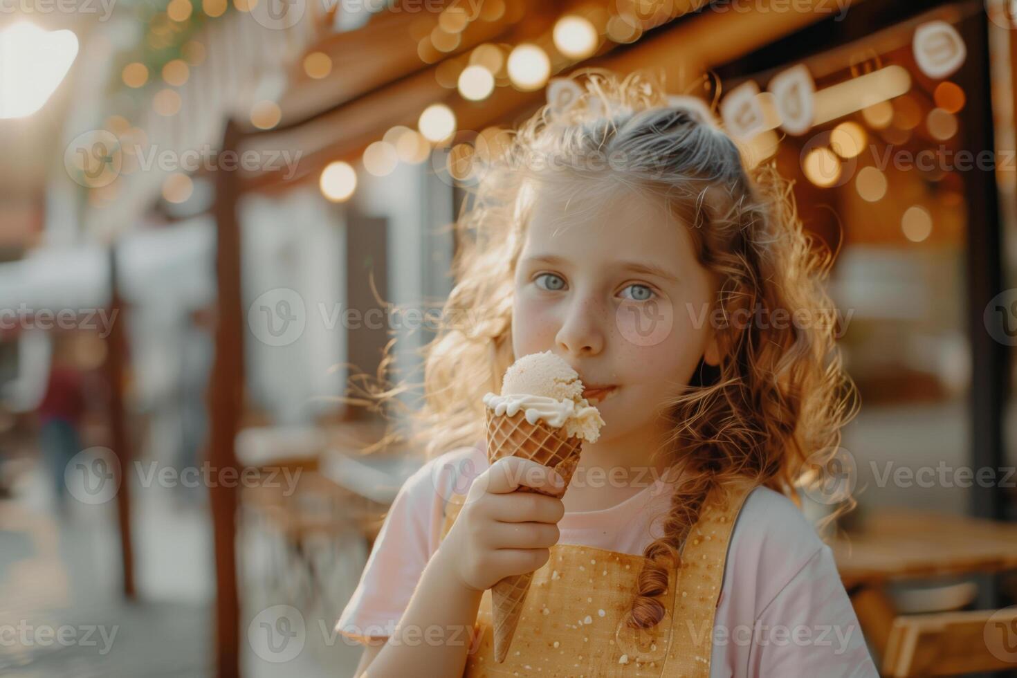 ai generato un' ragazza mangiare ghiaccio crema su un' soleggiato giorno all'aperto foto