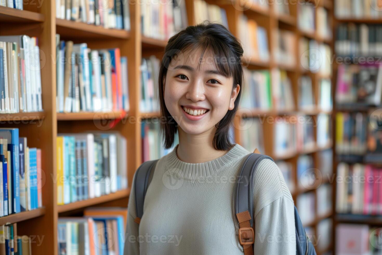 ai generato contento asiatico alunno nel il biblioteca foto