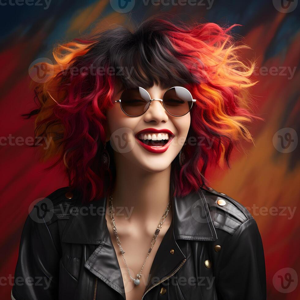 ai generato sorridente asiatico stella del rock donna con colorato Riccio capelli. modello in posa per foto sparare. generativo ai