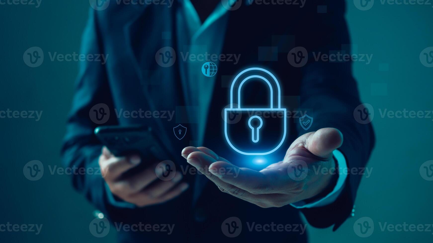 uomo d'affari mostrare virtuale chiave e sicuro crittografia tecnologia, sicurezza informatica vita privata di dati protezione, sicurezza Internet accesso, sicurezza crittografia di utente privato dati, attività commerciale riservatezza. foto