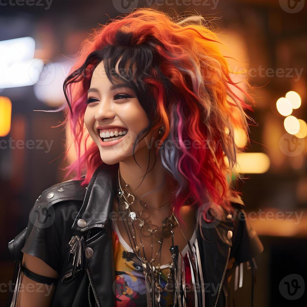 ai generato sorridente asiatico stella del rock donna con colorato Riccio capelli. modello in posa per foto sparare. generativo ai