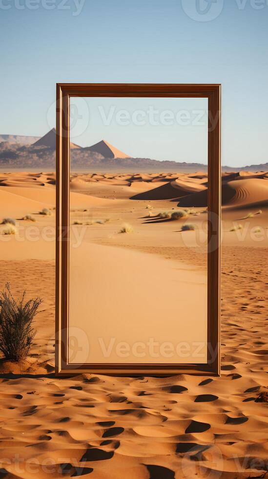 ai generato un' specchio nel il deserto con panoramico paesaggio sfondo e sabbia dune. astratto surreale concetto. generativo ai foto