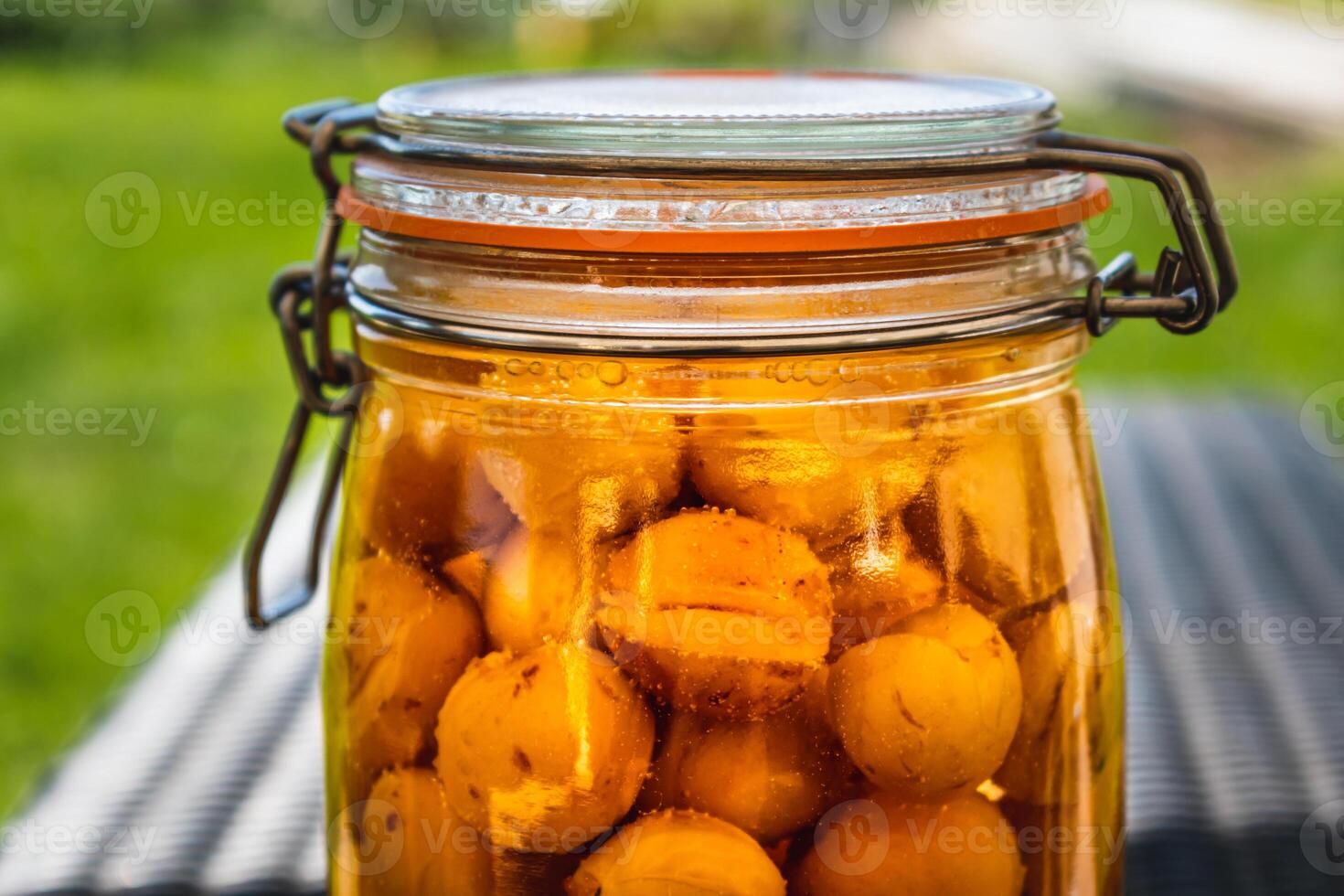 sterilizzato mirabelle prugne, fatti in casa frutta nel sciroppo per il inverno, conserve nutrienti foto