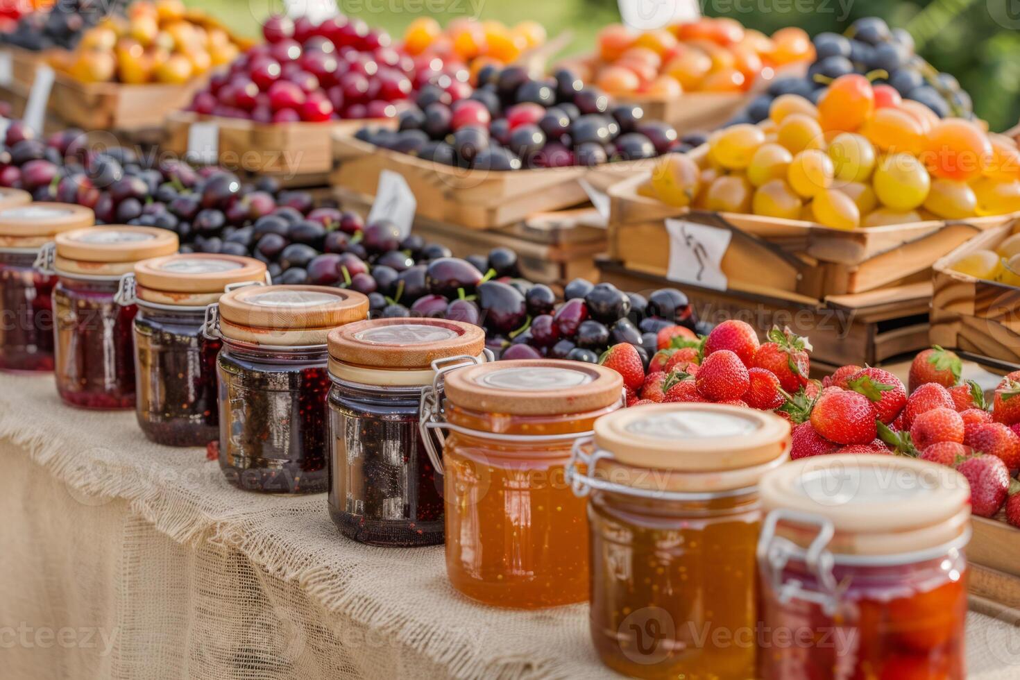 ai generato barattoli di fatti in casa marmellate e salse a un' Locale agricoltori mercato. generativo ai foto