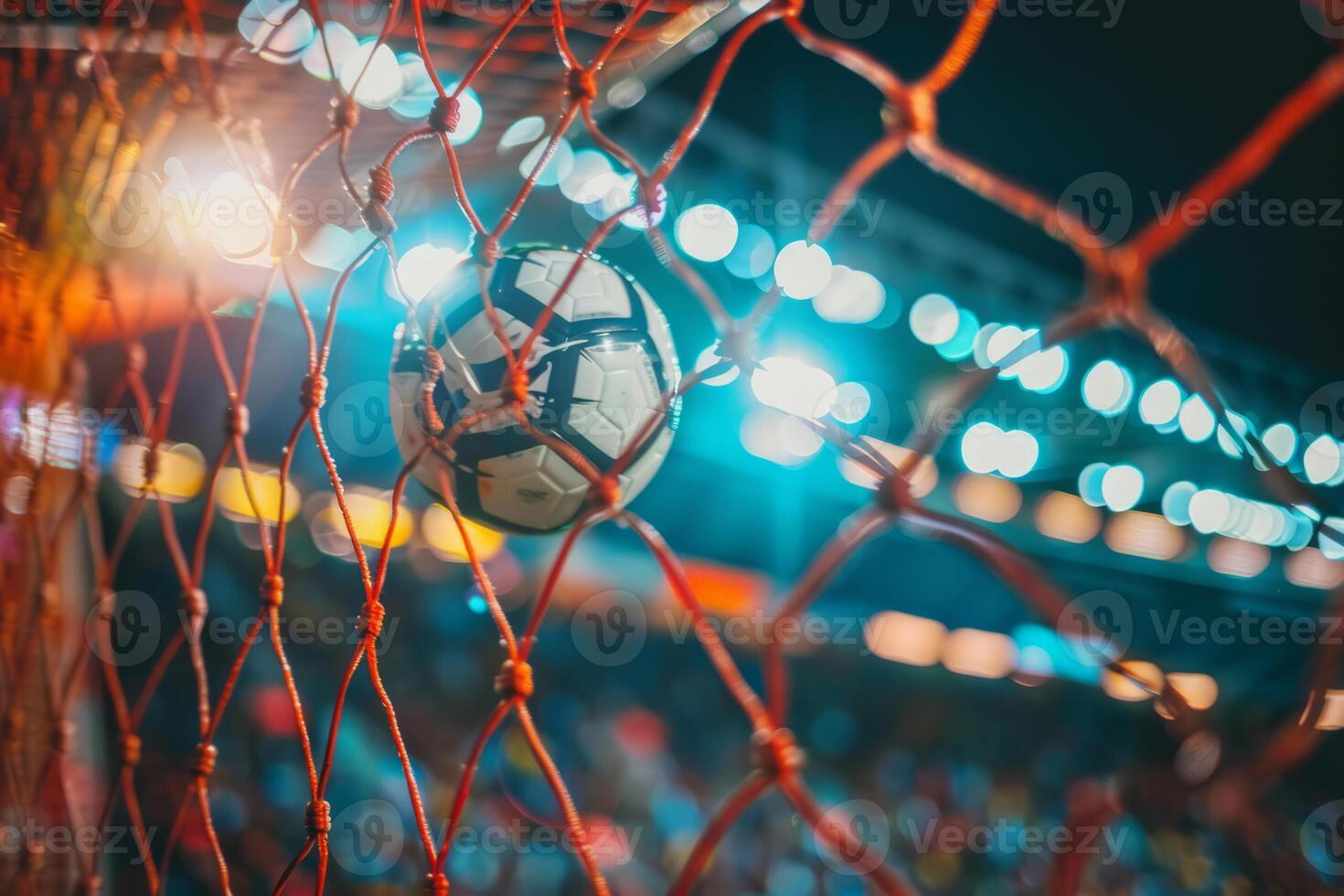 ai generato calcio palla volante in il superiore angolo di un' obiettivo. sfocato illuminato stadio nel il sfondo. generativo ai foto