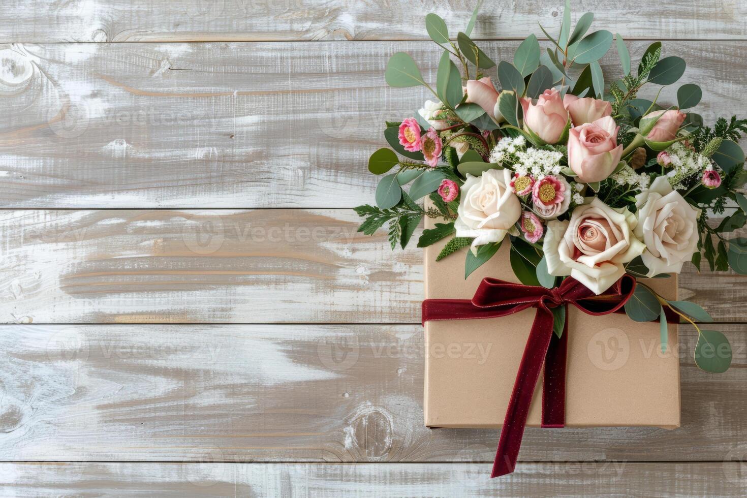 ai generato regalo scatola legato con nastro e un' mazzo di fiori su di legno sfondo. generativo ai foto