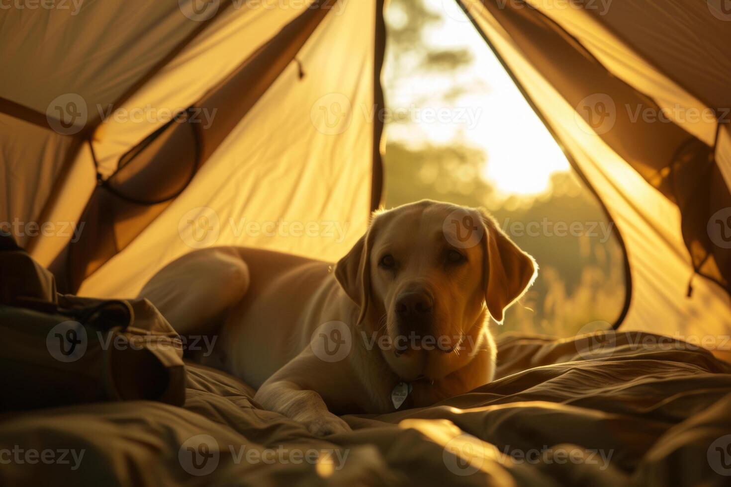 ai generato cane posa nel tenda nel il foresta. all'aperto campeggio con un' cane. viaggio con il animale domestico. generativo ai foto