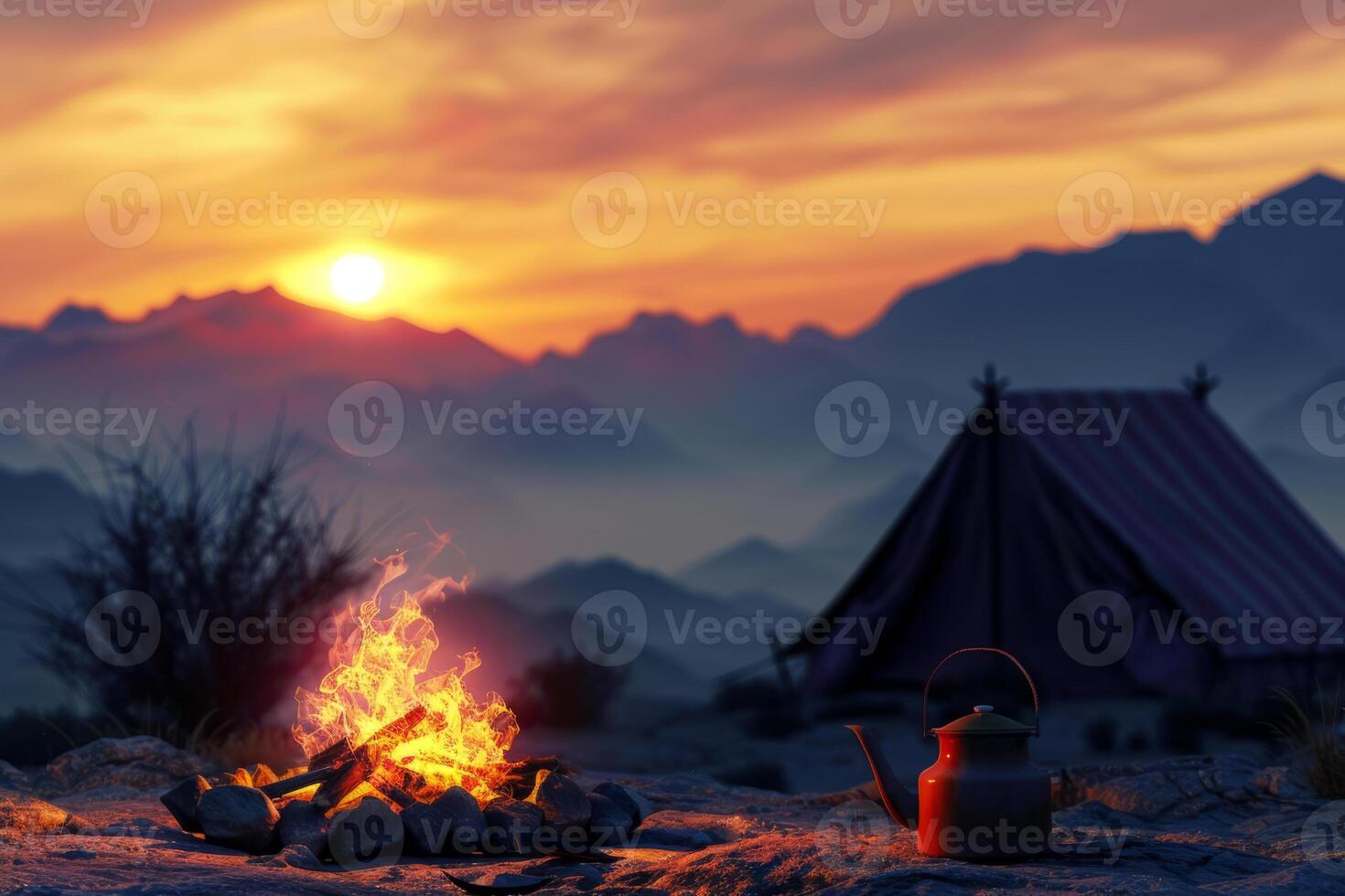 ai generato campo fuoco e tè pentola con tenda e montagne nel il sfondo. generativo ai foto