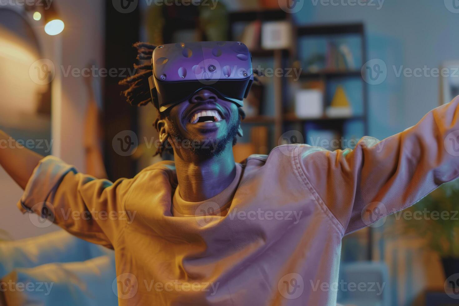 ai generato gioioso uomo nel virtuale la realtà bicchieri danza quando giocando video gioco a casa. generativo ai foto