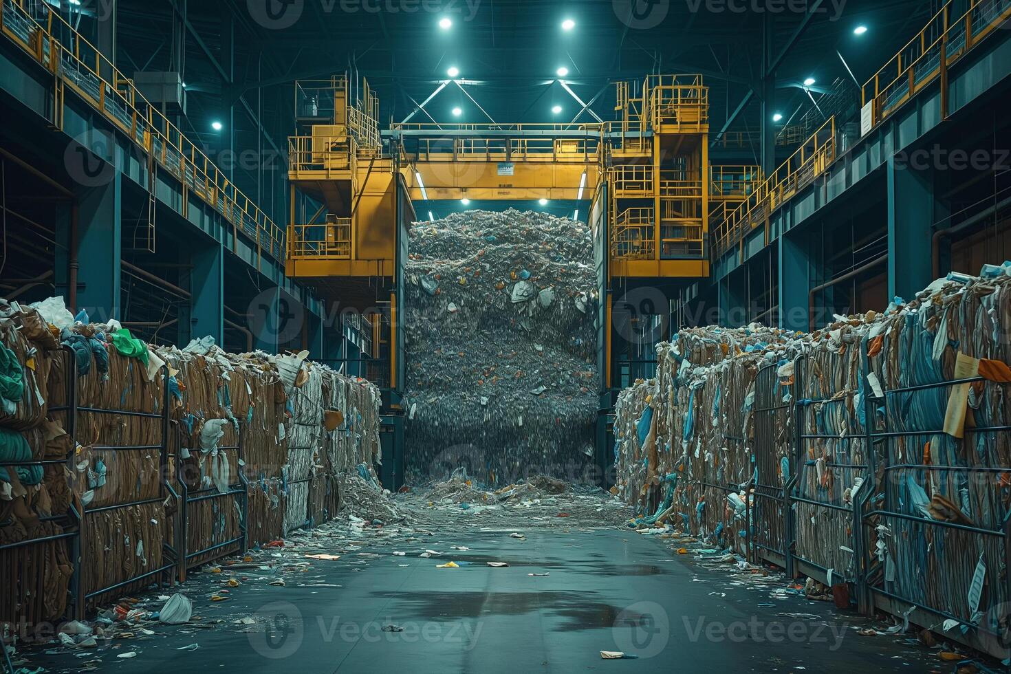 ai generato il interno di un industriale rifiuto in lavorazione pianta con un' trasportatore cintura traboccante con spazzatura, raffigurante il rigido la realtà di rifiuto gestione sfide. foto