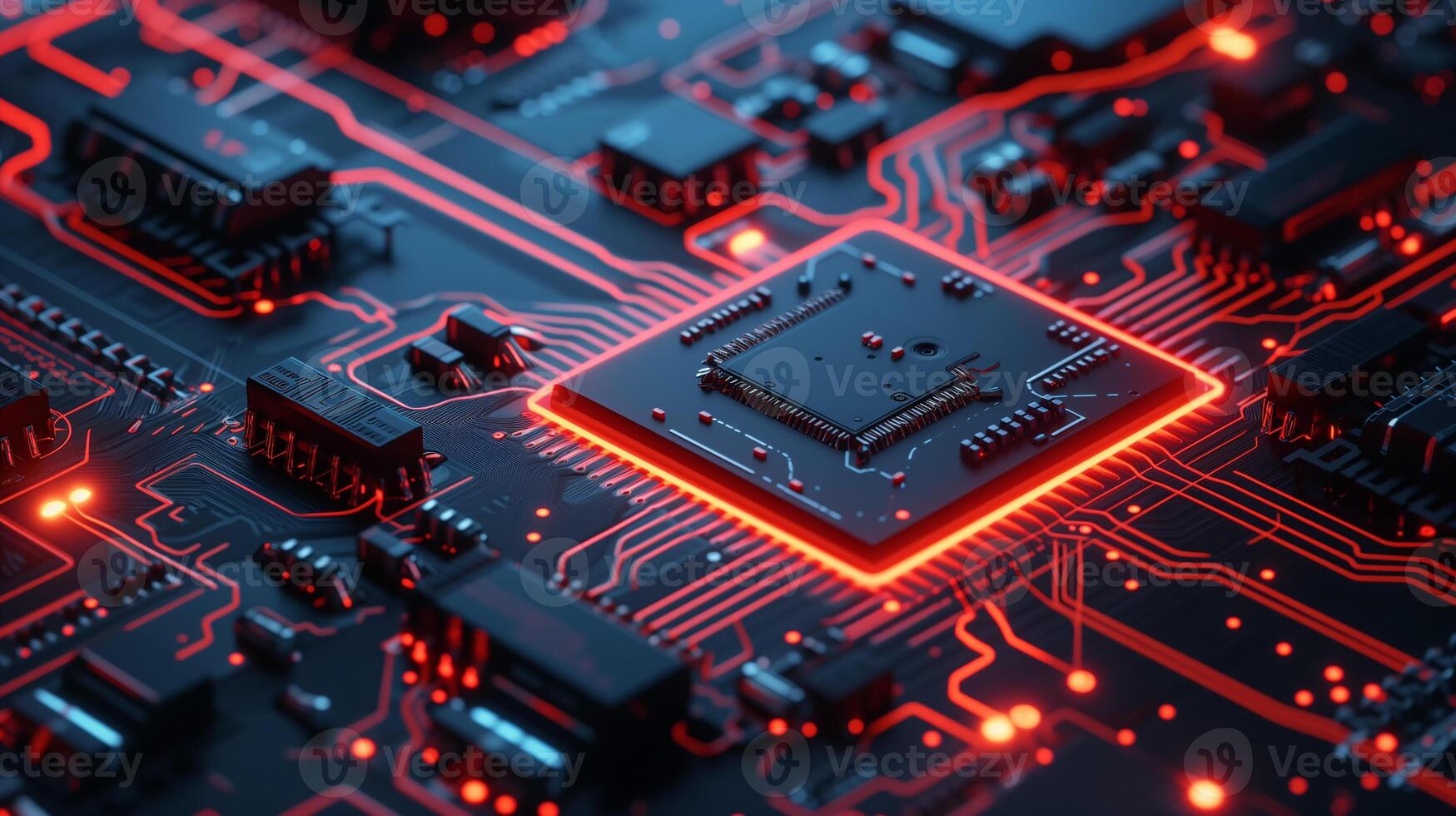 ai generato avvicinamento Visualizza di un elettronico circuito tavola con rosso neon raggiante percorsi, evidenziazione tecnologia e hardware. foto