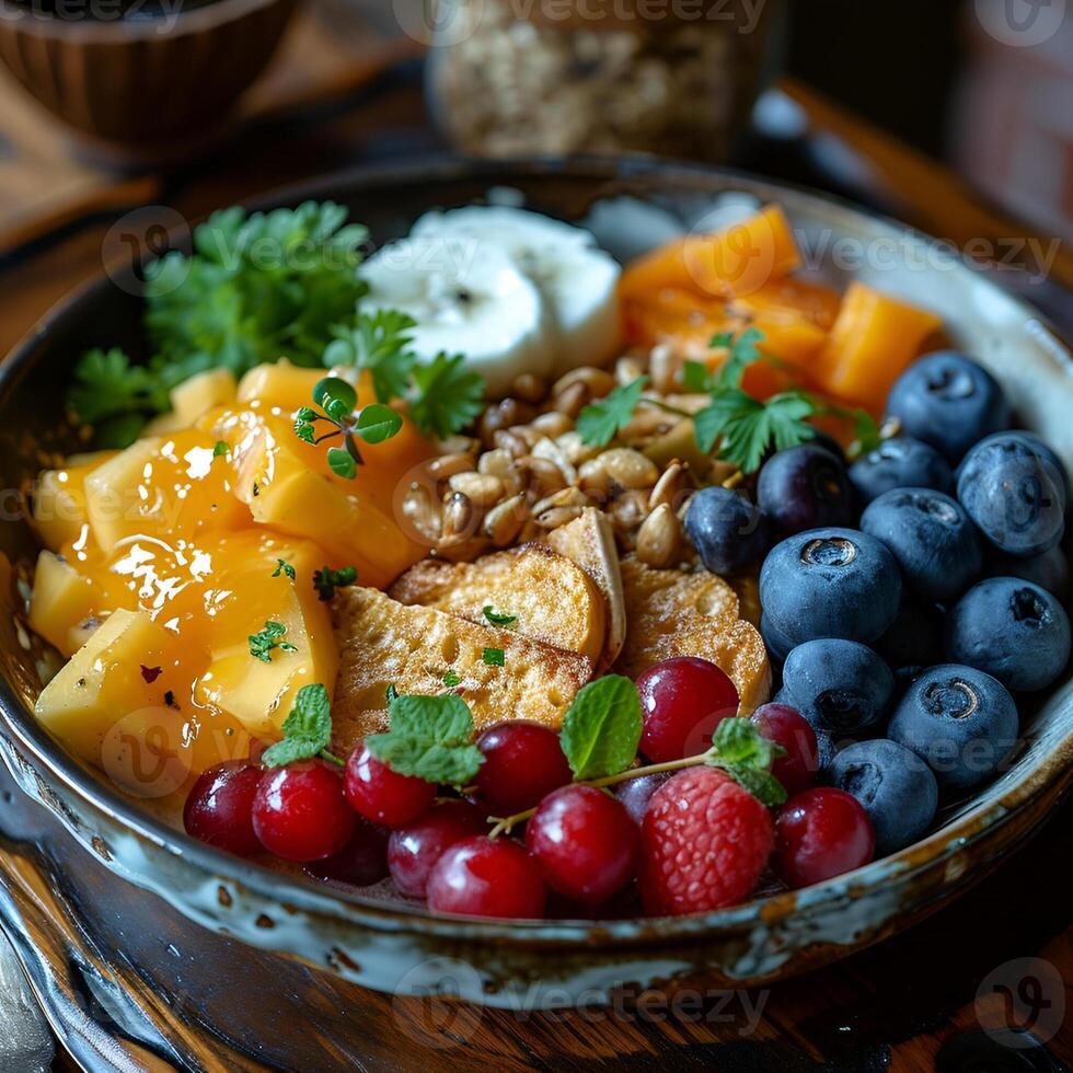 ai generato salutare e delizioso frutta ciotola per prima colazione foto