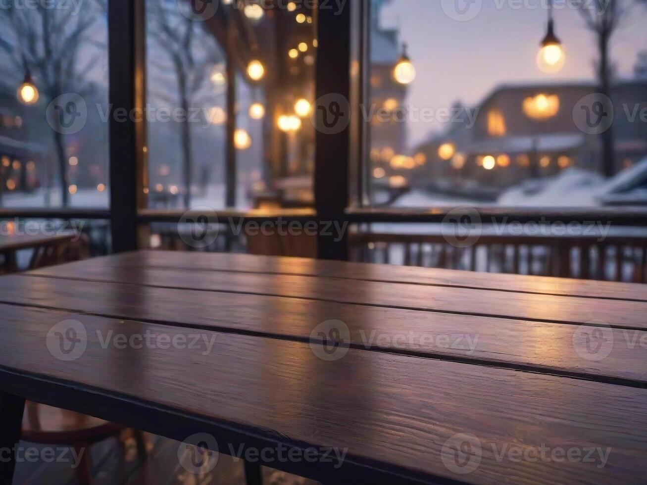 ai generato un' di legno tavolo nel davanti di un' finestra con un' nevoso notte scena. ai generativo foto