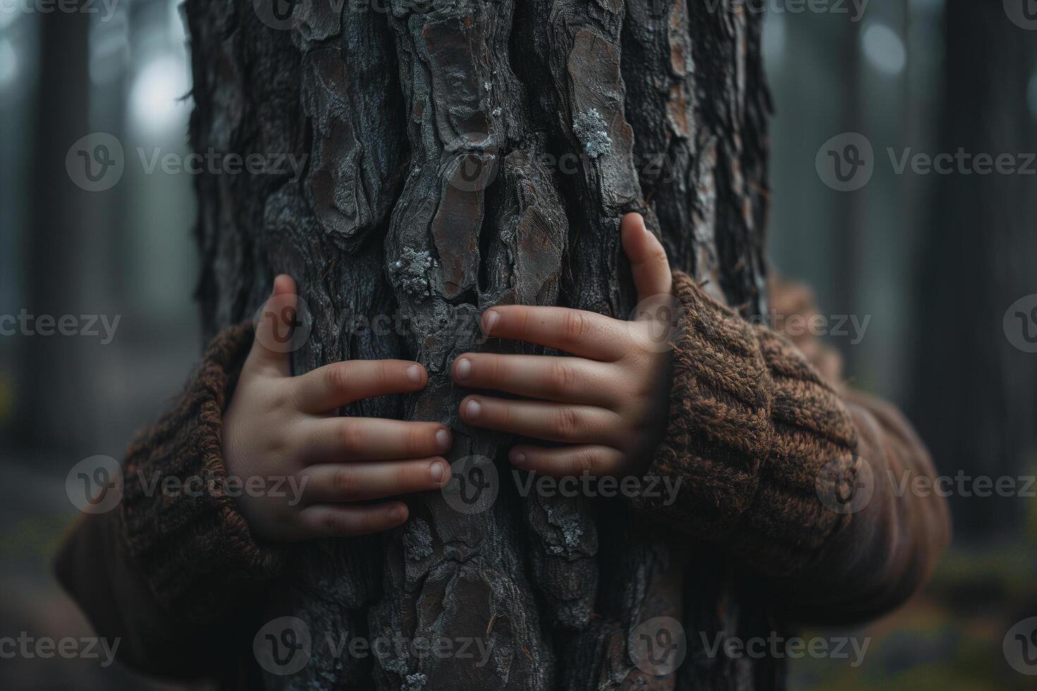 ai generato avvicinamento di un' del bambino mani delicatamente abbracciare un' albero tronco nel il silenzioso ambiance di un' nebbioso foresta. foto