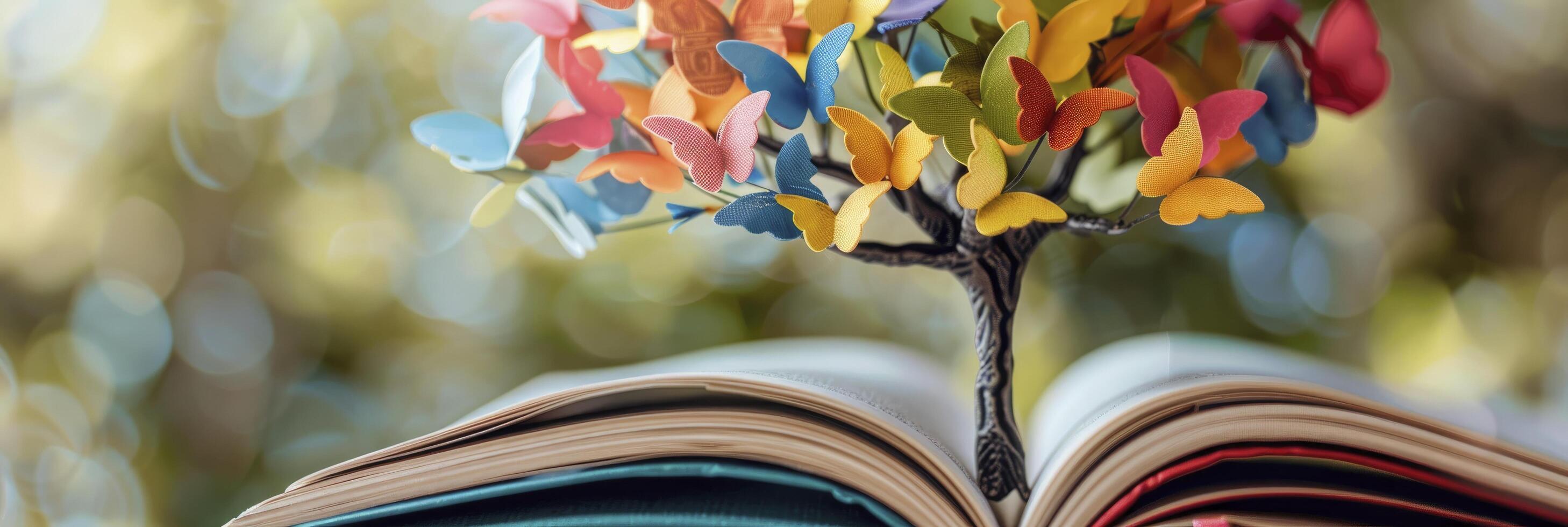 ai generato festeggiare internazionale alfabetizzazione giorno, albero di conoscenza fiorisce con colorato libri come foglie, simboleggiante formazione scolastica e Potenziamento foto