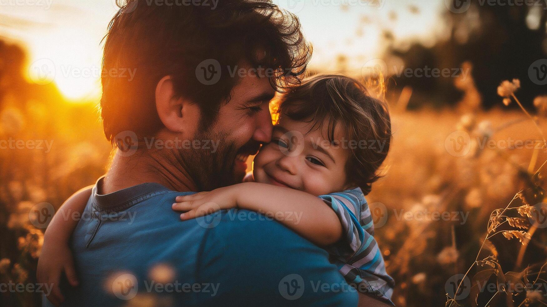 ai generato contento padre e figlio nel il campo a tramonto. concetto di contento famiglia. foto