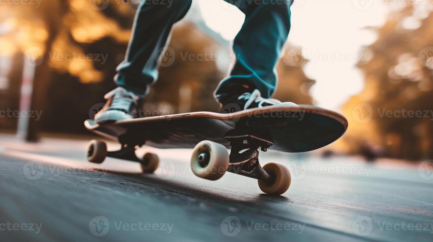 ai generato skateboarder andare con lo skateboard a Skate park tramonto paesaggio urbano sfondo foto