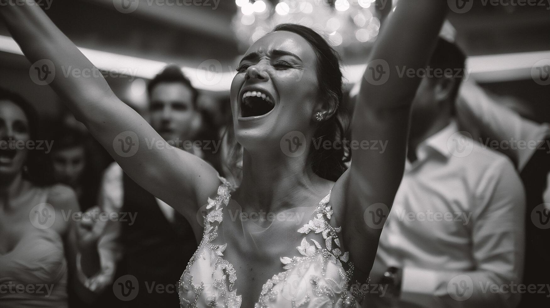 ai generato contento sposa danza con sua amici nel un' ristorante. nero e bianca foto. foto
