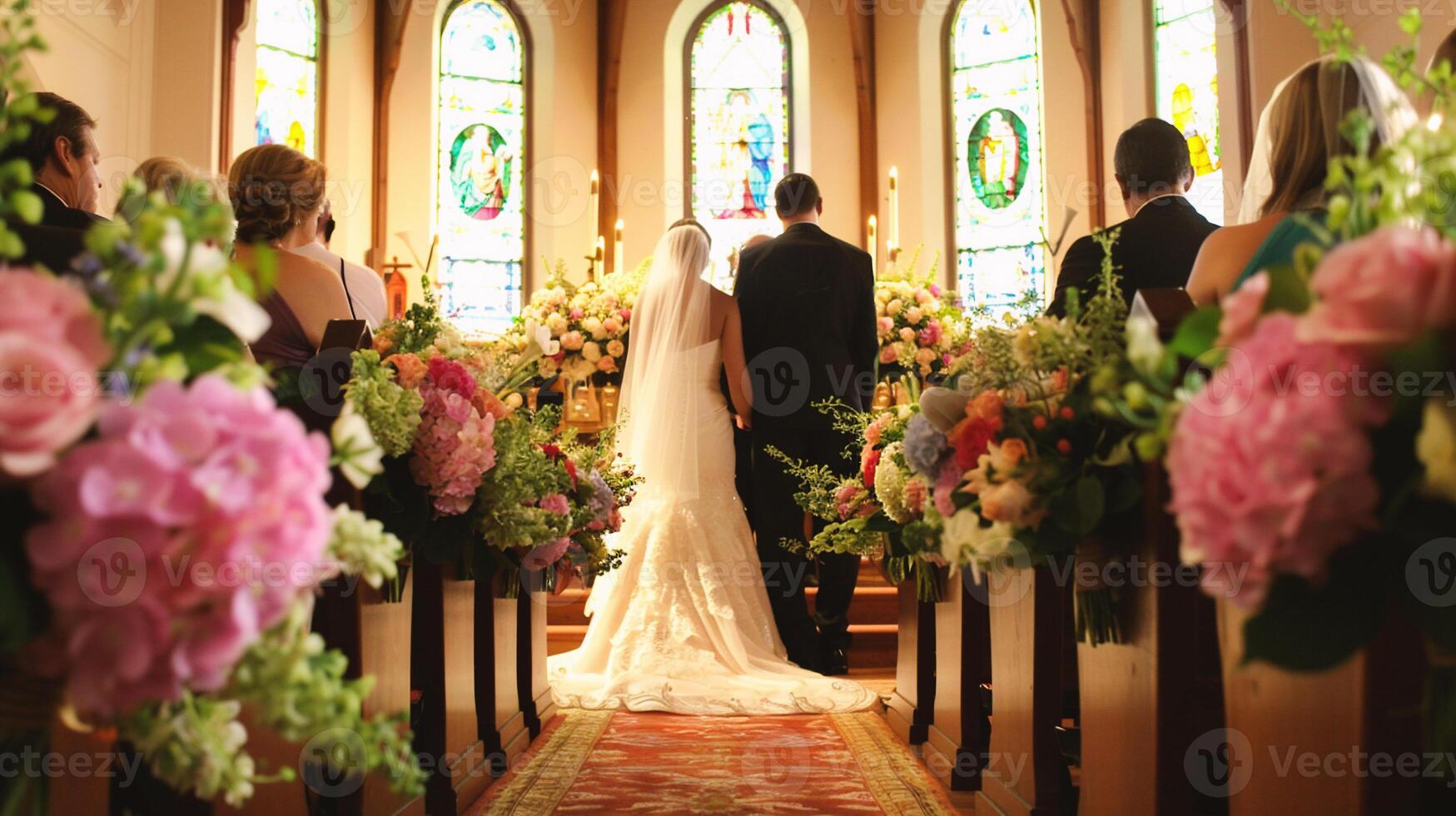 ai generato nozze cerimonia, sposa e sposo a un' Chiesa foto