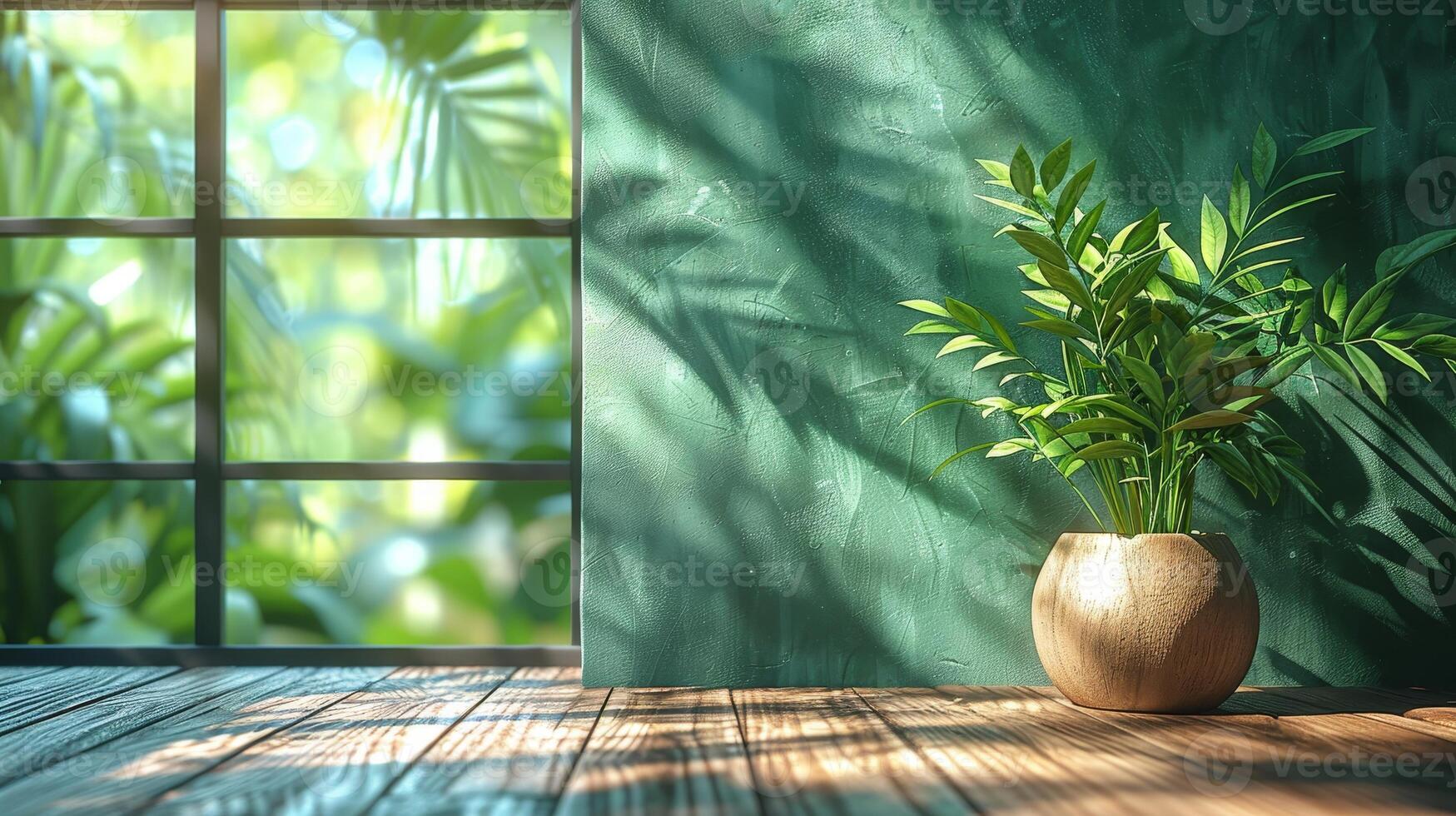 ai generato il verde parete dietro a il legna tavolo crea ombre su il parete come luce del sole brilla attraverso il finestra. il primo piano Caratteristiche sfocato interno verde impianti. un' panoramico bandiera modello foto