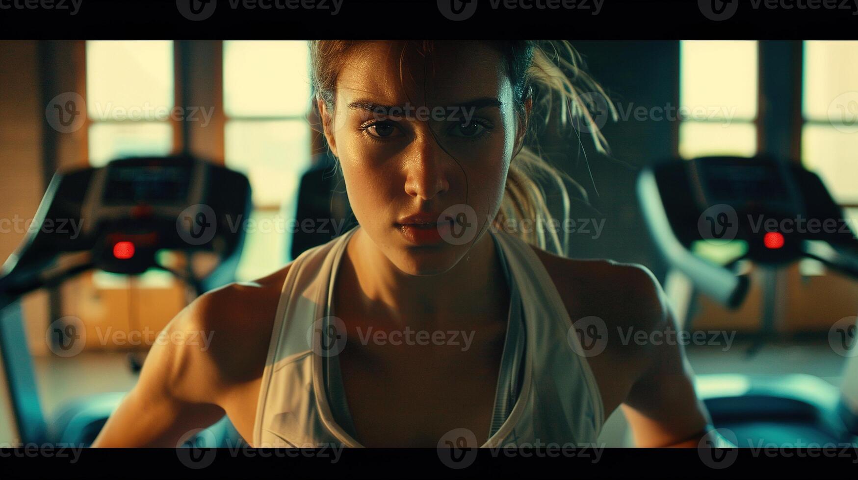 ai generato bellissimo donna Lavorando su a palestra, in esecuzione su routine e fare fitness esercizi. Salute foto