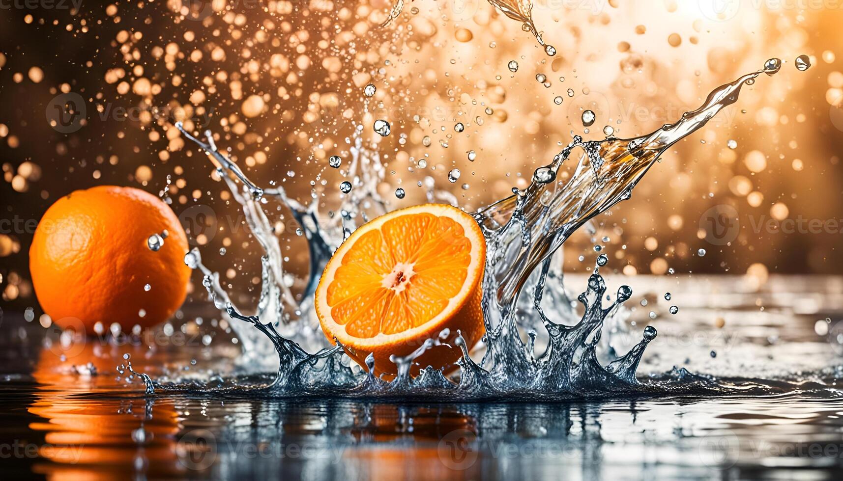 ai generato acqua spruzzi su arancia foto