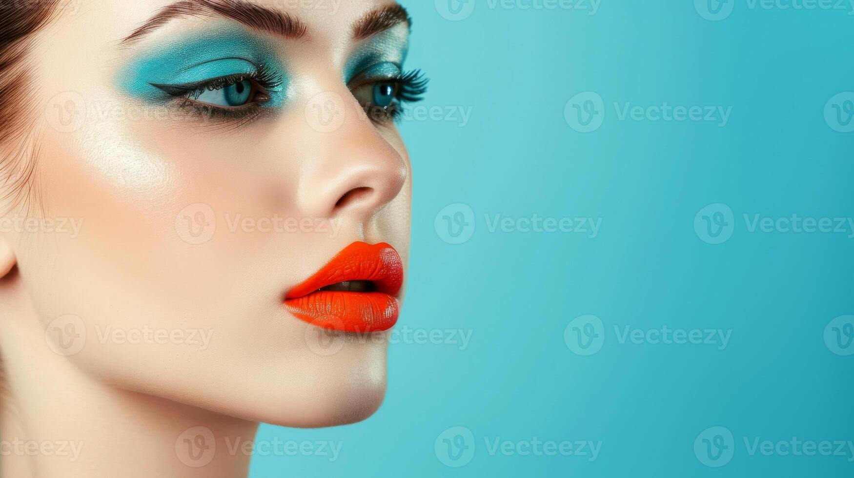 ai generato avvicinamento, bella viso di un' bellissimo donna con Multi colori vivido trucco su minimo sfondo, generativo ai foto