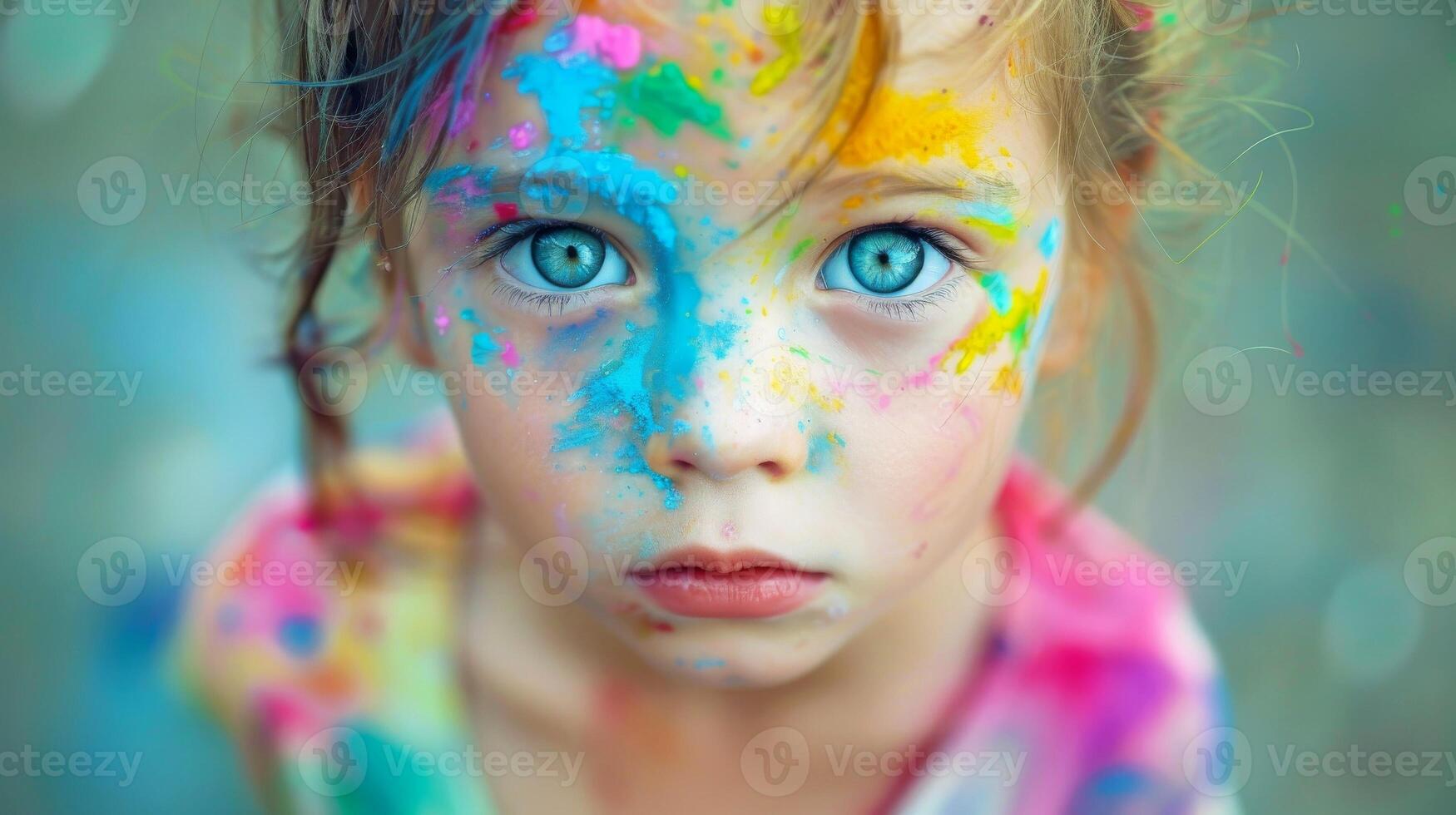 ai generato avvicinamento, bella viso di un' bellissimo bambino ragazza con Multi colori vivido trucco su minimo sfondo, generativo ai foto