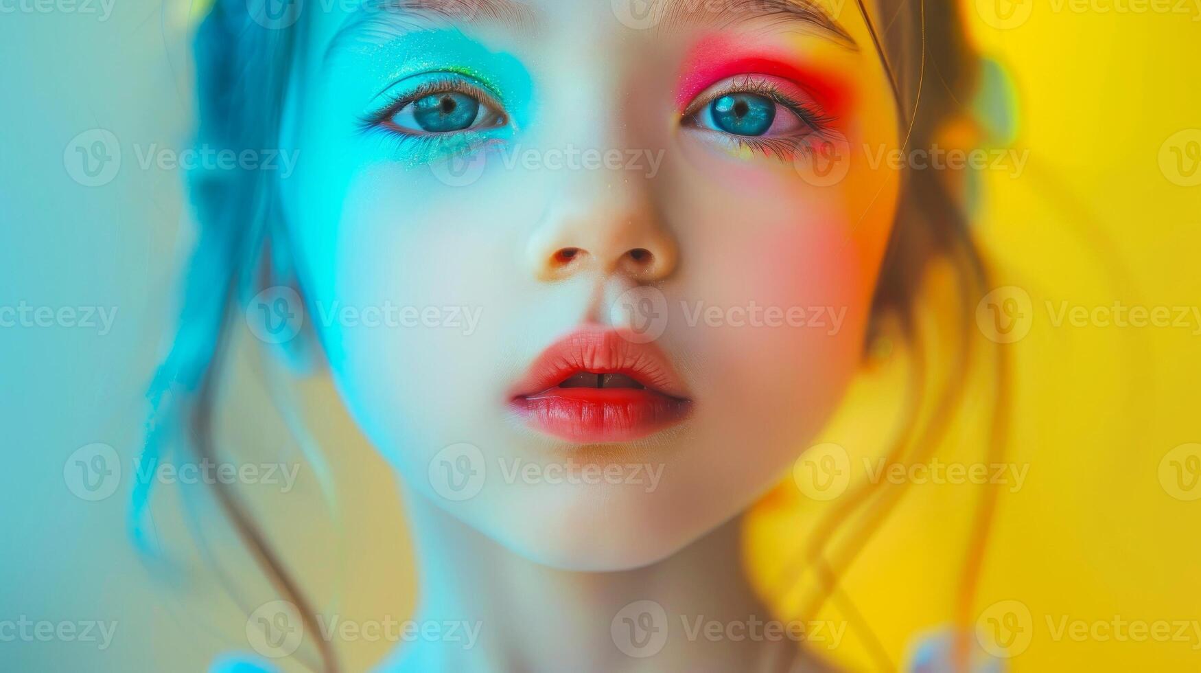 ai generato avvicinamento, bella viso di un' bellissimo bambino ragazza con Multi colori vivido trucco su minimo sfondo, generativo ai foto