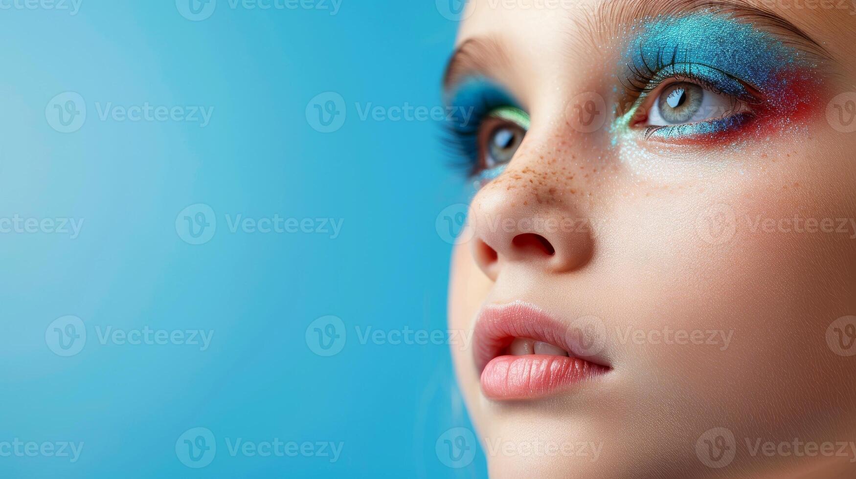 ai generato avvicinamento, bella viso di un' bellissimo bambino ragazza con Multi colori vivido trucco su minimo sfondo, generativo ai foto