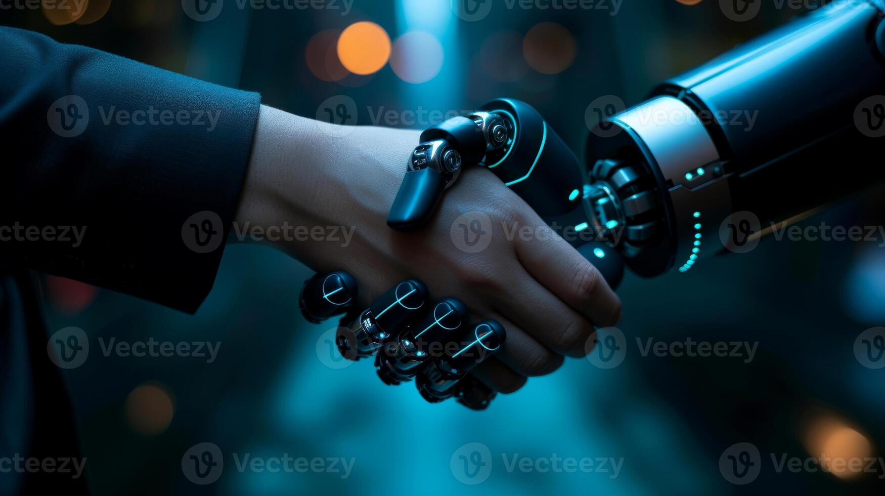 ai generato robot stretta di mano con umano, futuro attività commerciale associazione concetto, generativo ai foto