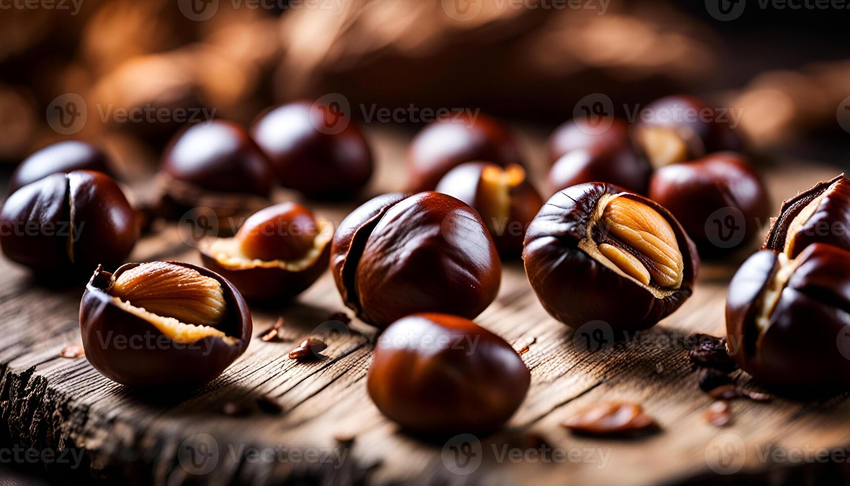 ai generato arrostito castagne su un vecchio tavola. selettivo messa a fuoco. foto