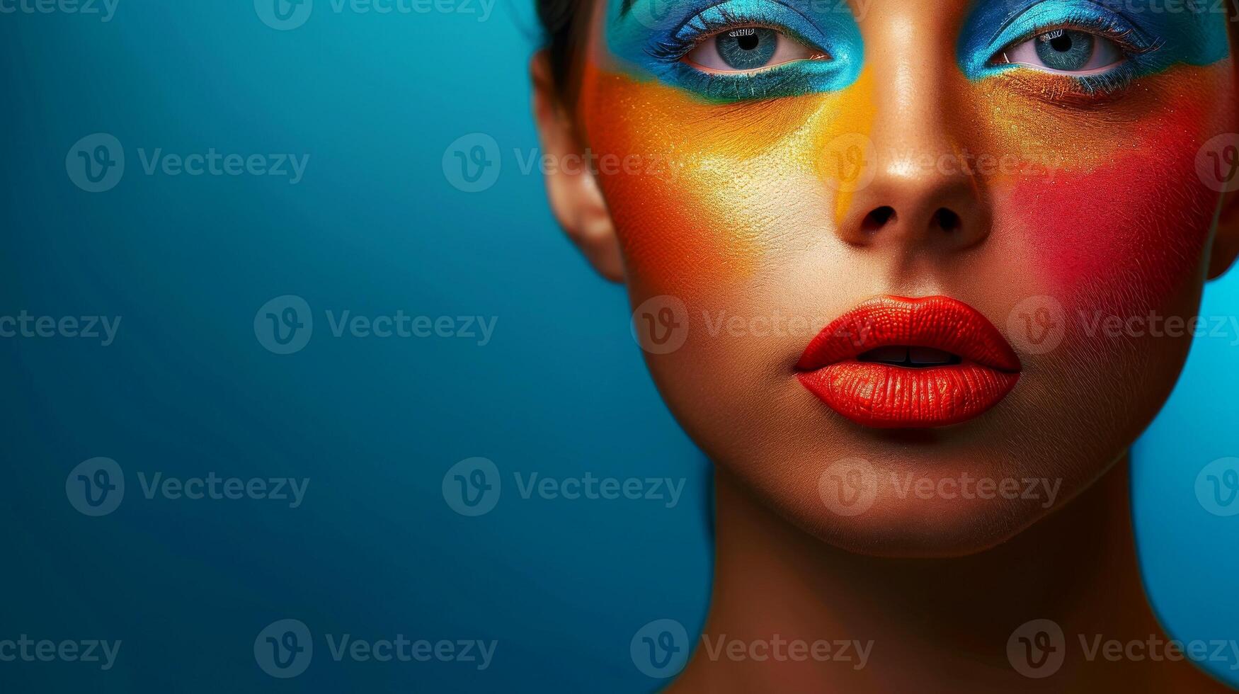 ai generato avvicinamento, bella viso di un' bellissimo donna con Multi colori vivido trucco su minimo sfondo, generativo ai foto