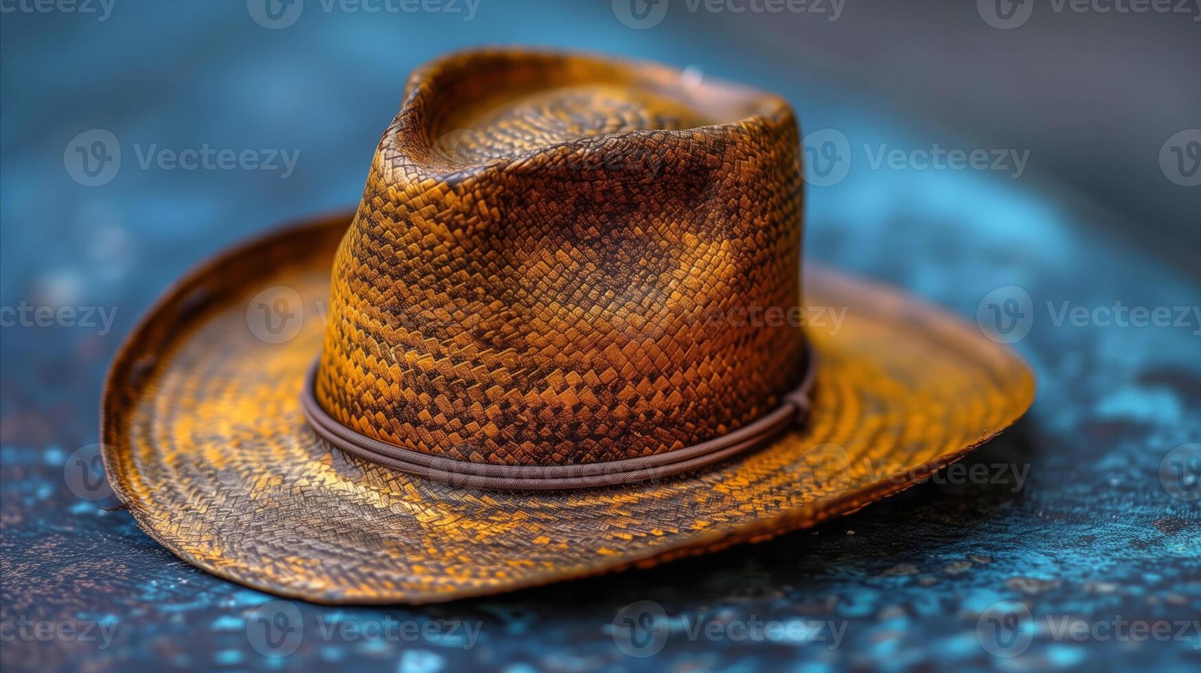 ai generato avvicinamento di un' strutturato Marrone cowboy cappello su un' blu sfondo foto