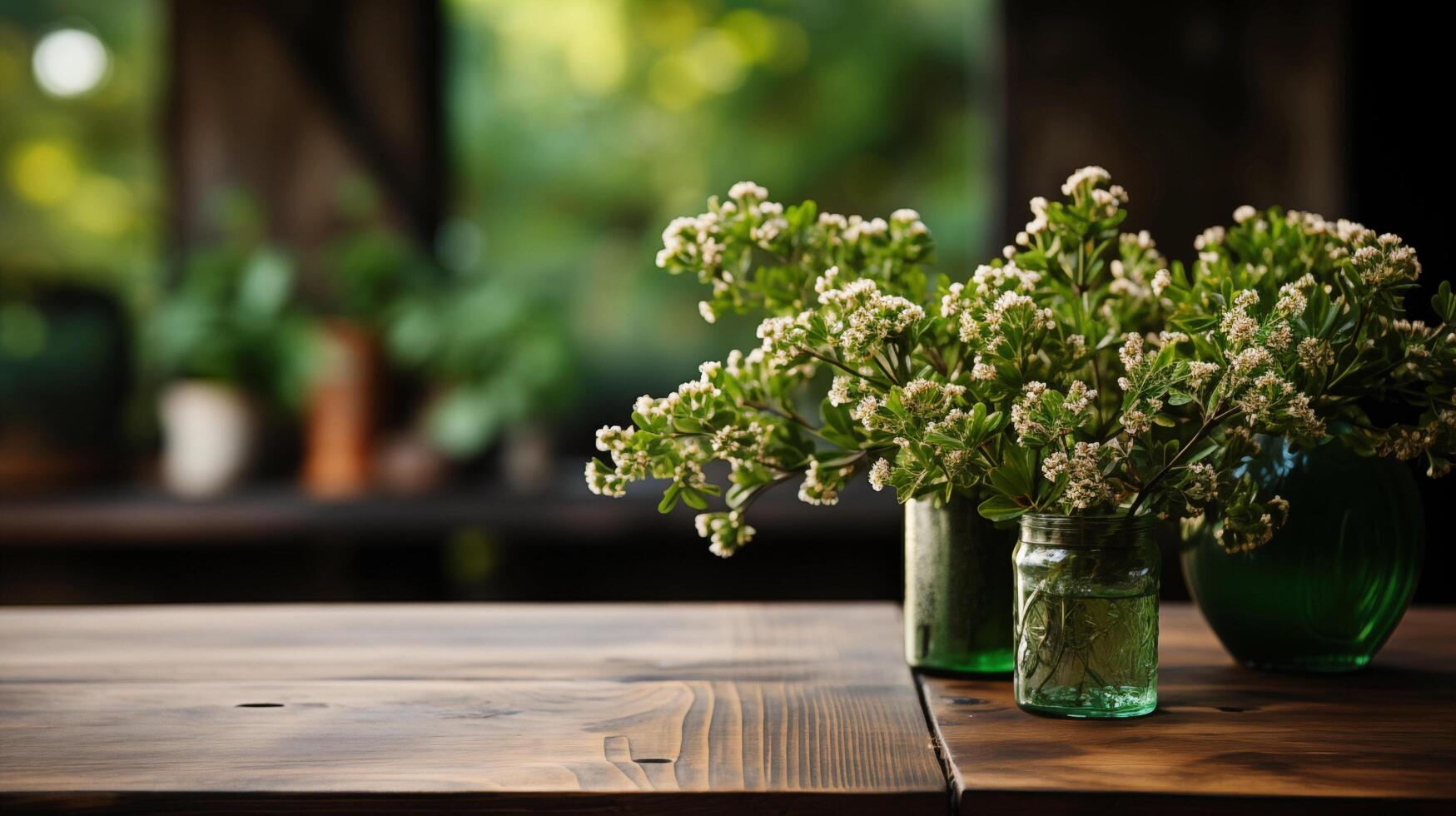 ai generato vuoto di legno tavolo, verde bokeh sfondo foto