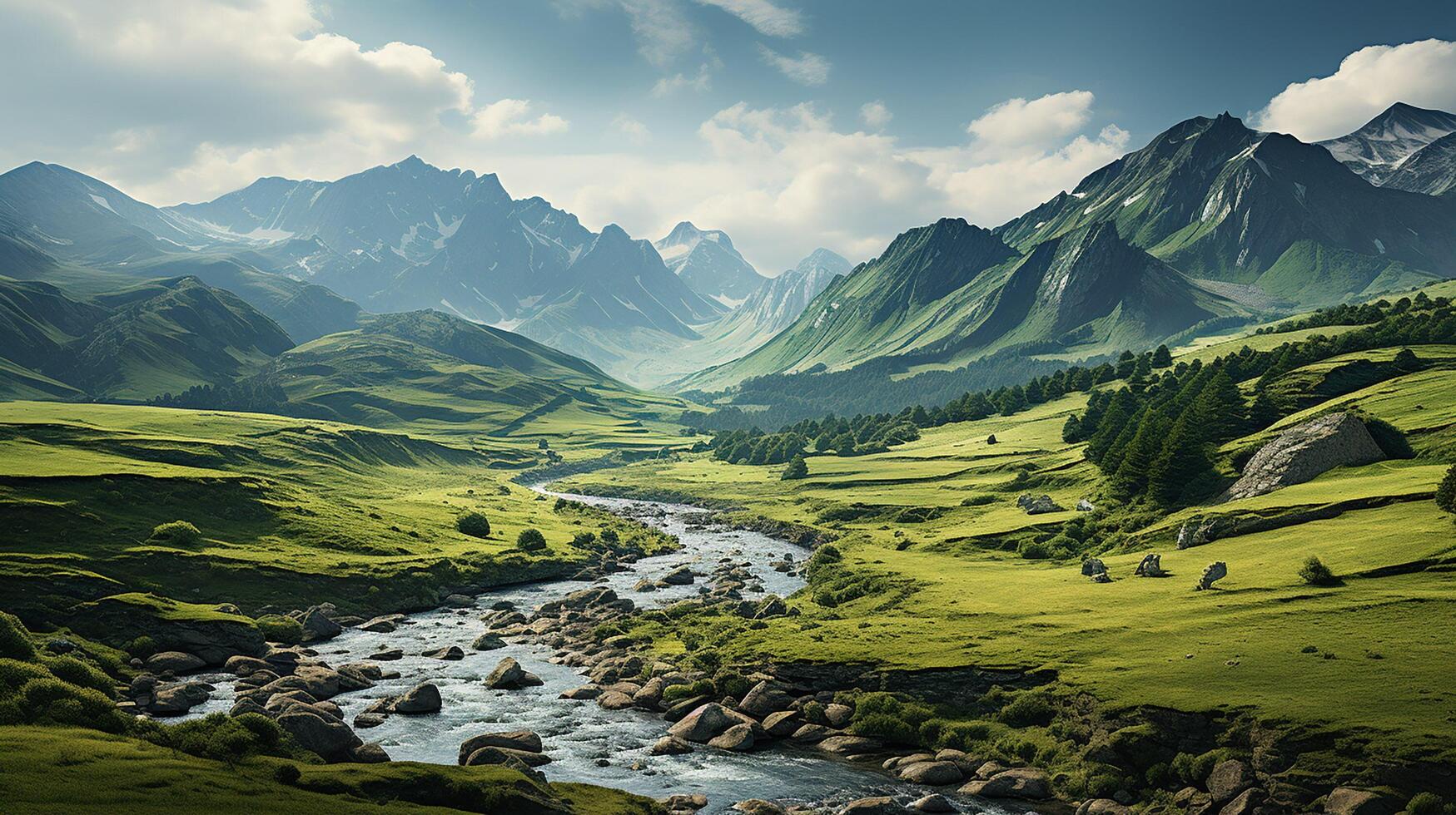 ai generato panoramico Visualizza di montagna e erba coperto colline foto