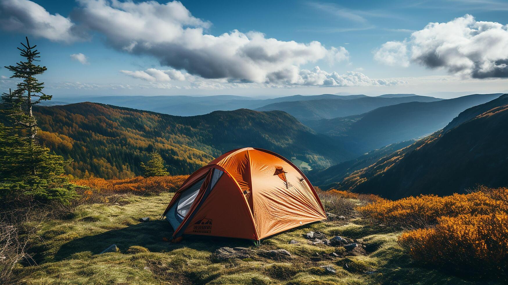 ai generato eccezionale campeggio nel superiore di montagna. solitario verde tenda è nascosto nel un' montagna foresta tra rosso nano betulla cespugli. turismo concetto avventura viaggio all'aperto foto