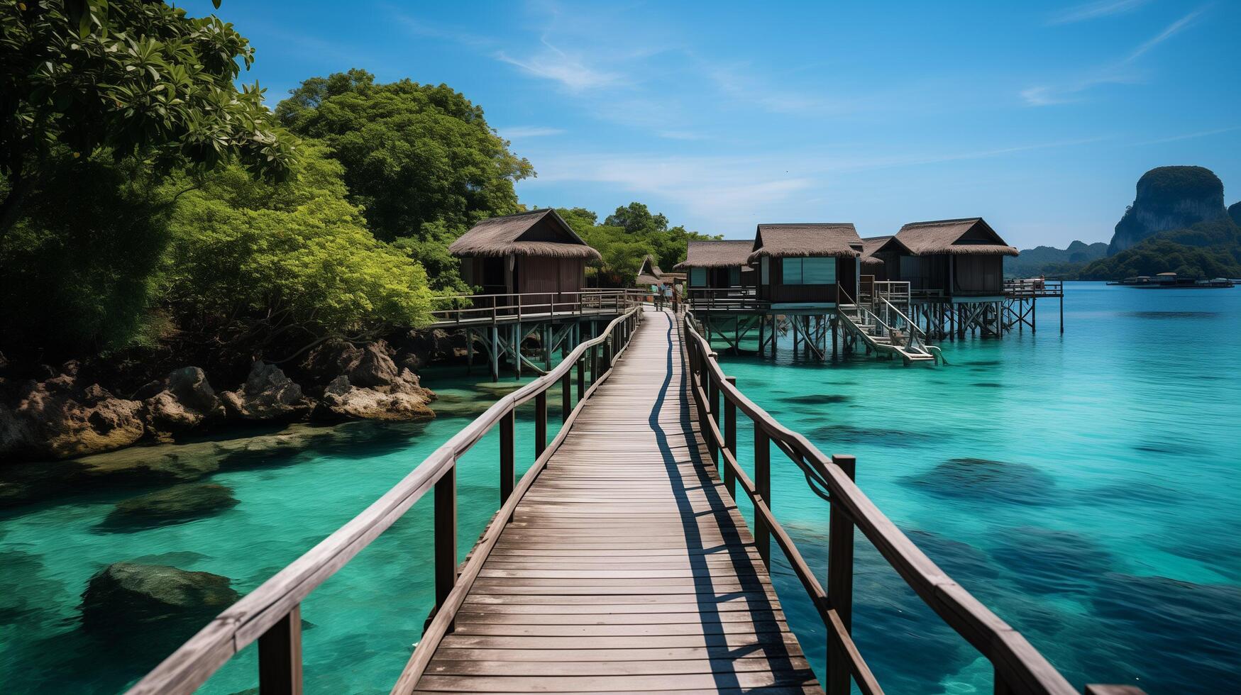 ai generato rilassante su legna ponte nel bellissimo destinazione isola, phang-nga baia, blu cielo, avventura stile di vita viaggio Tailandia, turismo natura paesaggio Asia, turista su estate vacanza foto