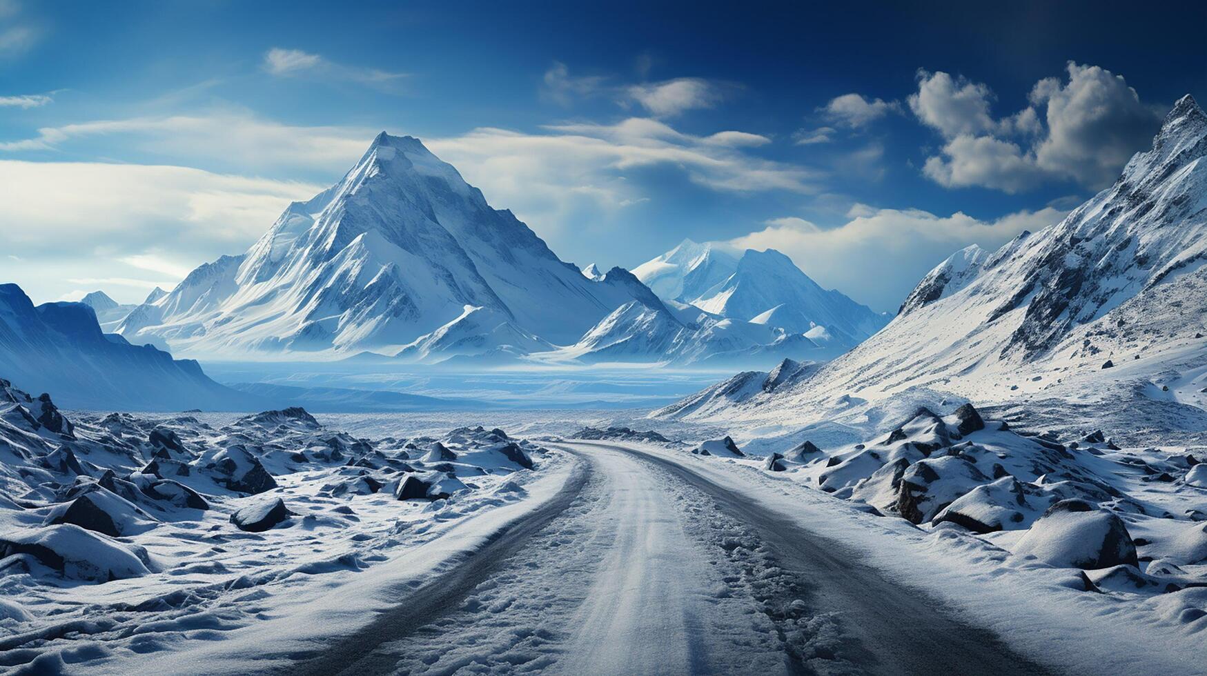 ai generato viaggio per Islanda. strada nel un' luminosa soleggiato montagna paesaggio. vatna vulcano coperto con neve e ghiaccio su tne sfondo foto