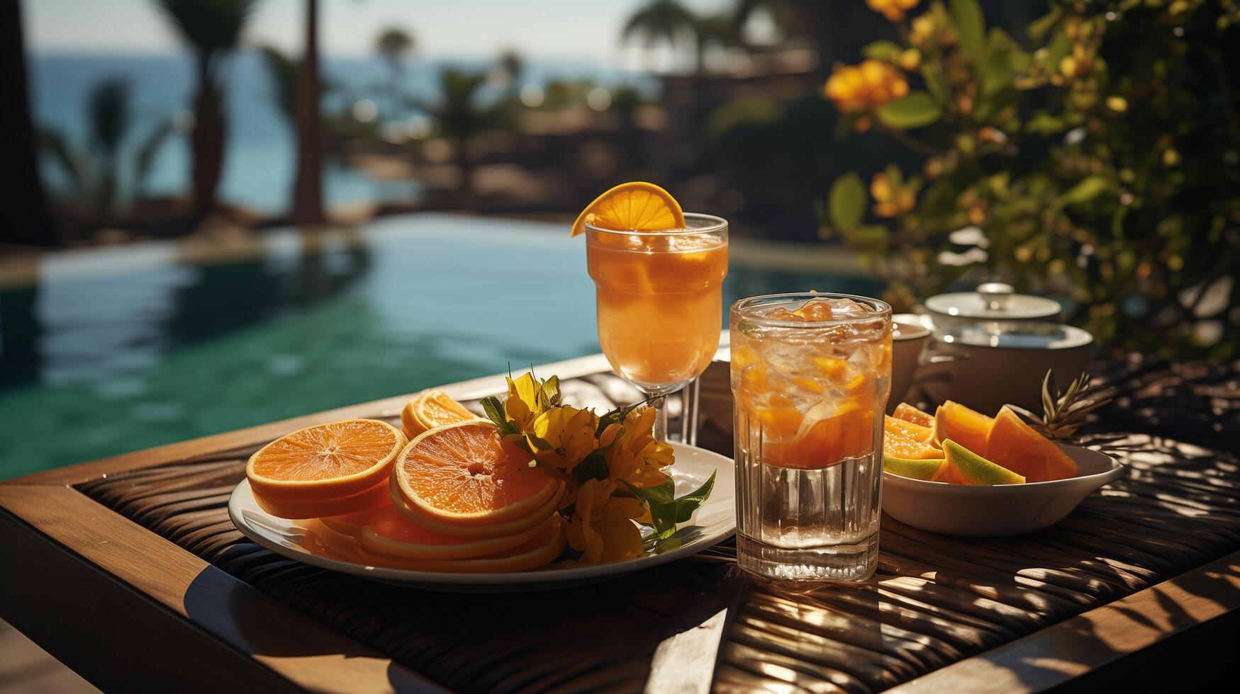 ai generato prima colazione nel nuoto piscina, galleggiante prima colazione nel lussuoso tropicale ricorrere. tavolo rilassante su calma piscina acqua, salutare prima colazione e frutta piatto di ricorrere piscina. foto